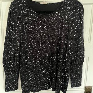 Black Silver Flecked Print Puff Sleeve Pullover Sweater